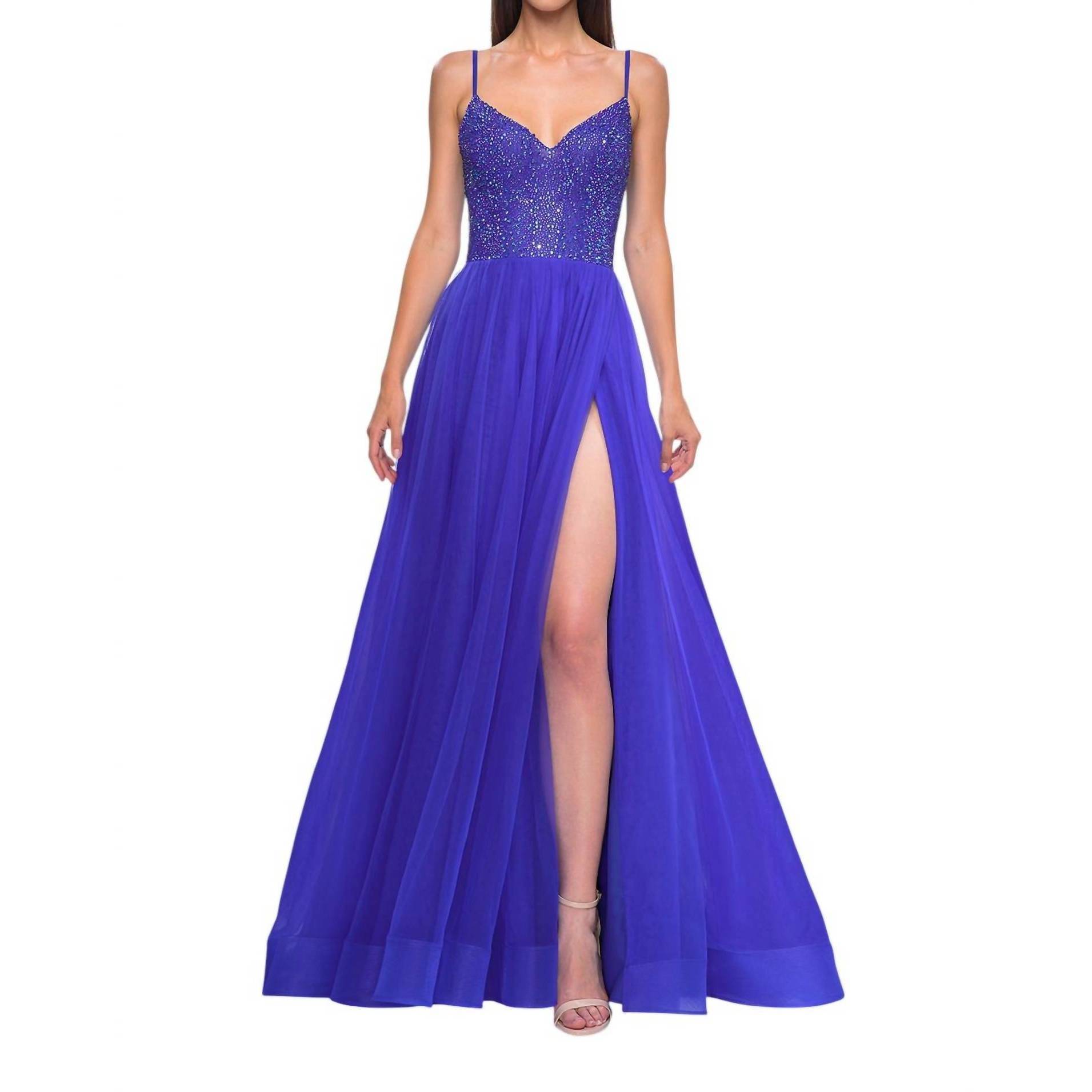 New La Femme A-Line Rhinestone Embellished Bodice Prom Dress In Royal Blue